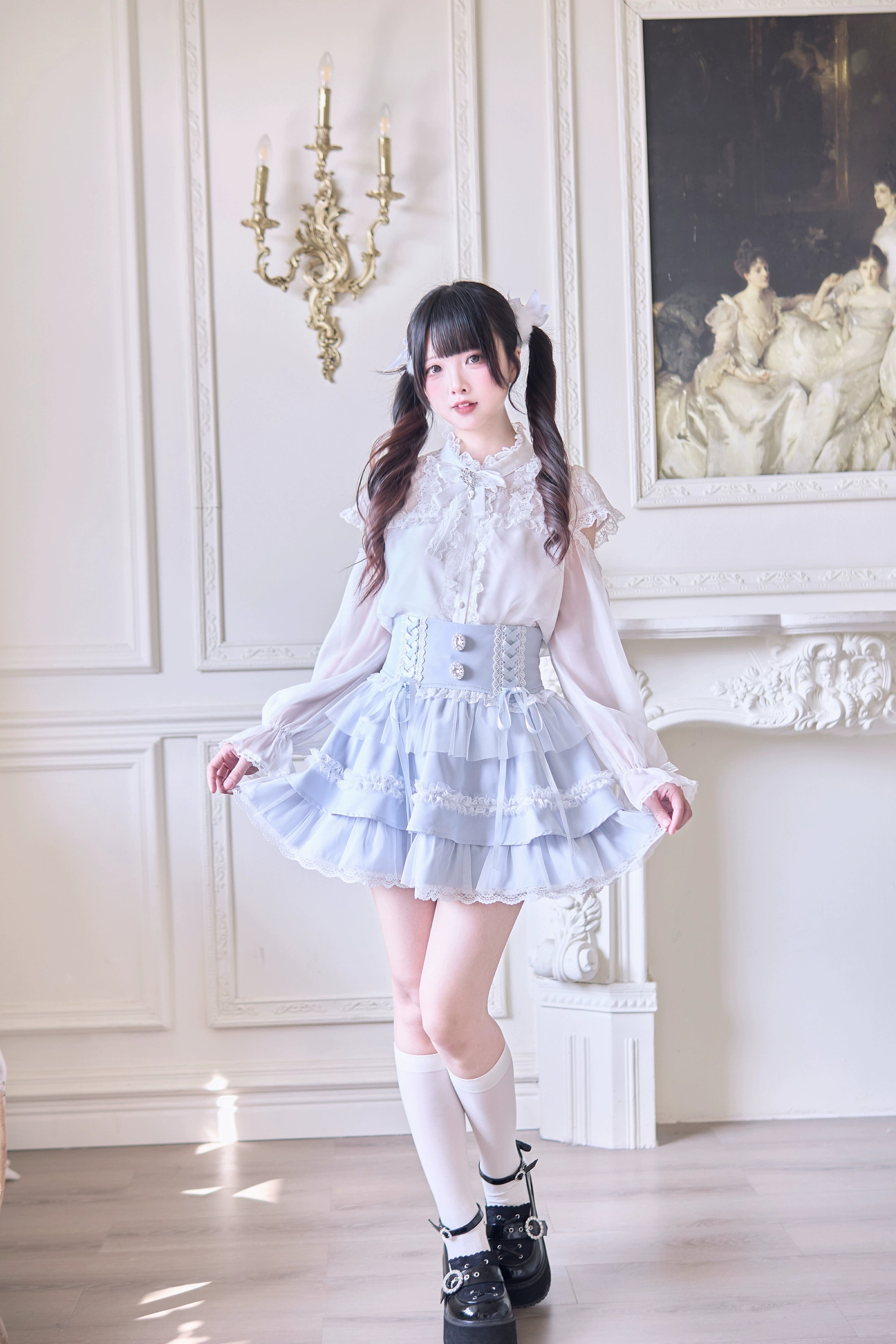 Jirai Kei tiered ruffle skirt color comparison showcase featuring pink water blue and houndstooth pattern options
