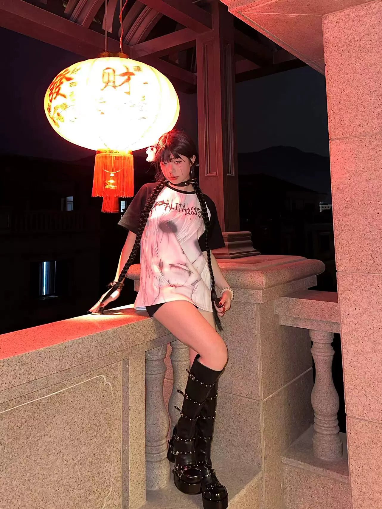 Jirai Kei graphic raglan T-shirt displayed flat lay showing full anime print design and color blocking between sleeves and torso