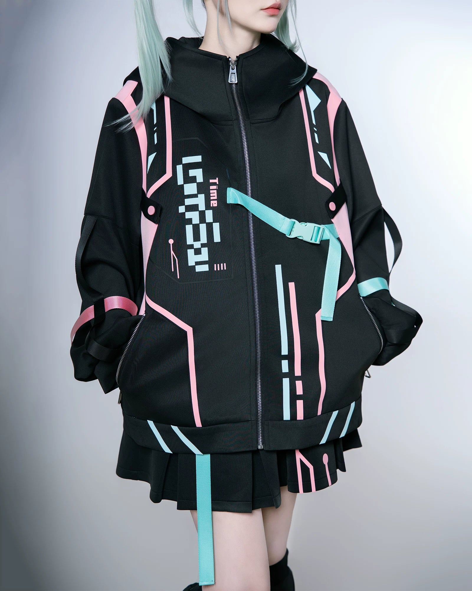 Full styling view of complete Jirai Kei techwear set with jacket, skort, and leg warmers worn together, demonstrating coordinated neon aesthetic and oversized fit