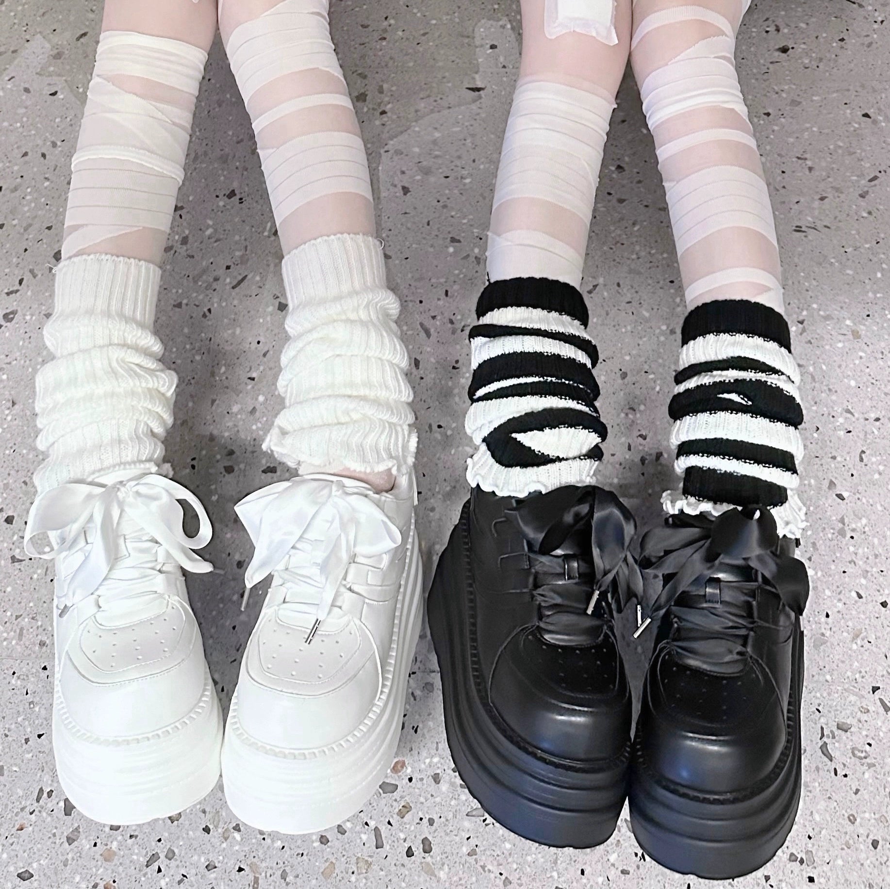 Jirai Kei platform sneakers high overhead close-up terrazzo floor white black color options lace-up front thick platform soles