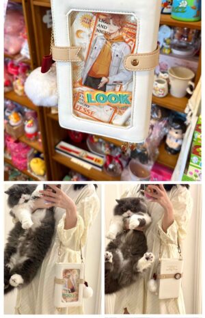 White diary card itabag kawaii crossbody bag worn multiple angles showing compact size and anime card display functionality