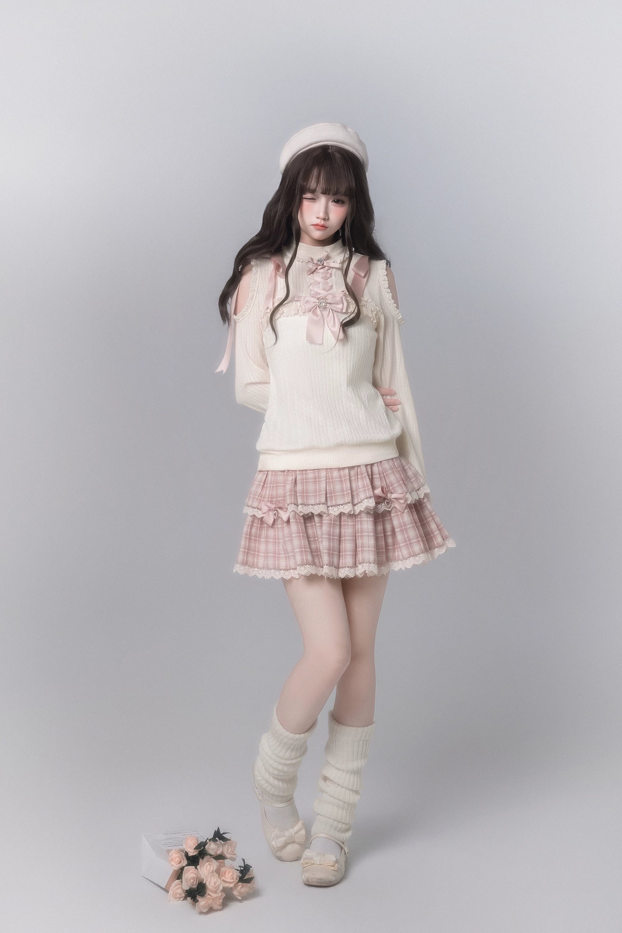 Full body side profile Ryousangata sweater plaid skirt ensemble white beret leg warmers round toe flats Jirai Kei styling