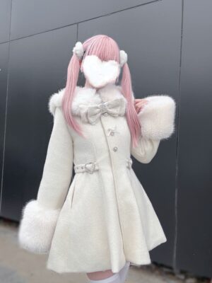 Beige Ryousangata tweed winter coat with detachable faux fur collar and heart-shaped buttons front view modeled with pink twin-tail hair