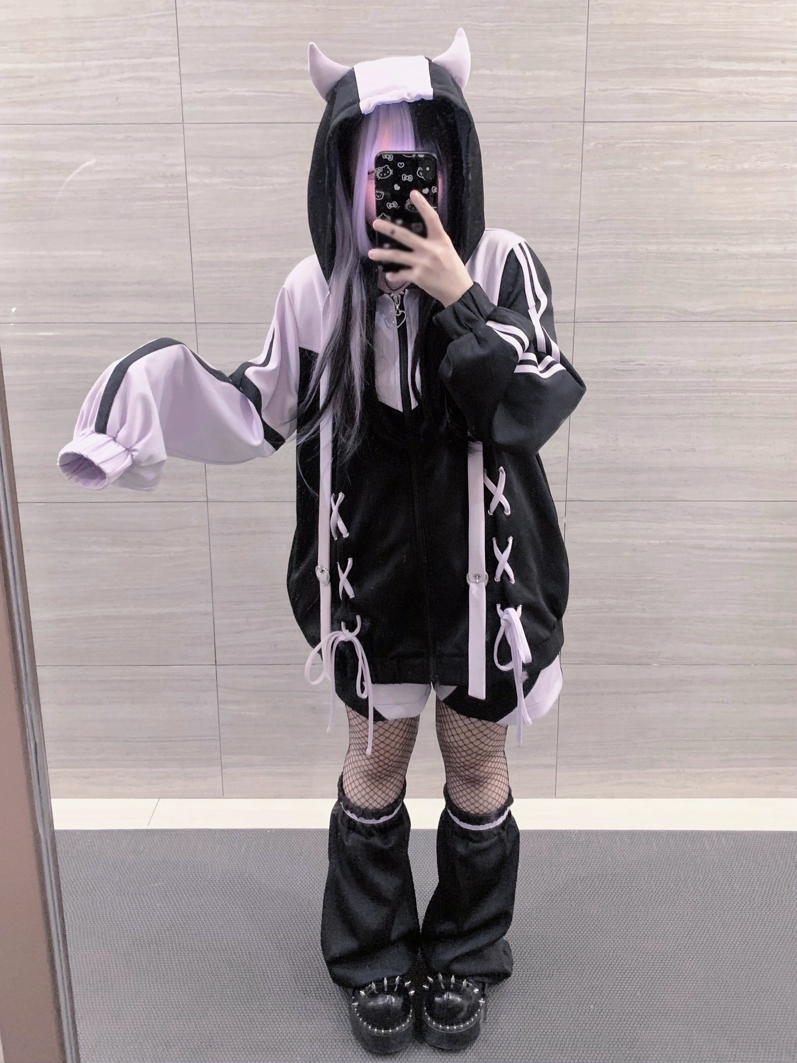 Black-purple Tenshi Kaiwai Jirai Kei full set laid out showing complete ensemble coordination, jacket length, pants fit, and leg warmers integration