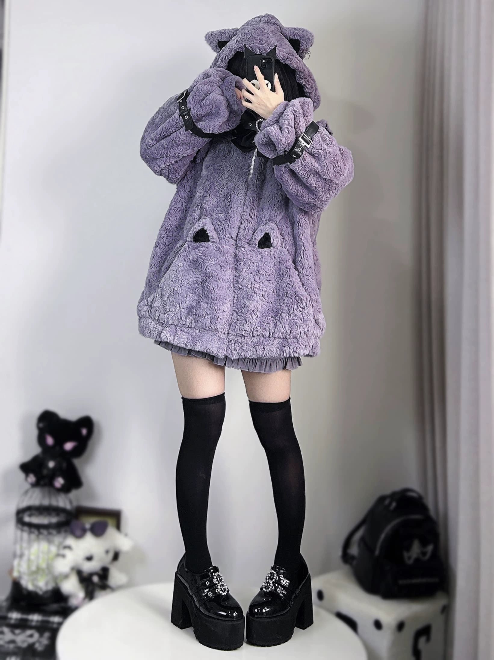 Jirai Kei fleece coat pocket detail, showing embroidered or appliqué cat ear patches on front pockets and fleece lining visible