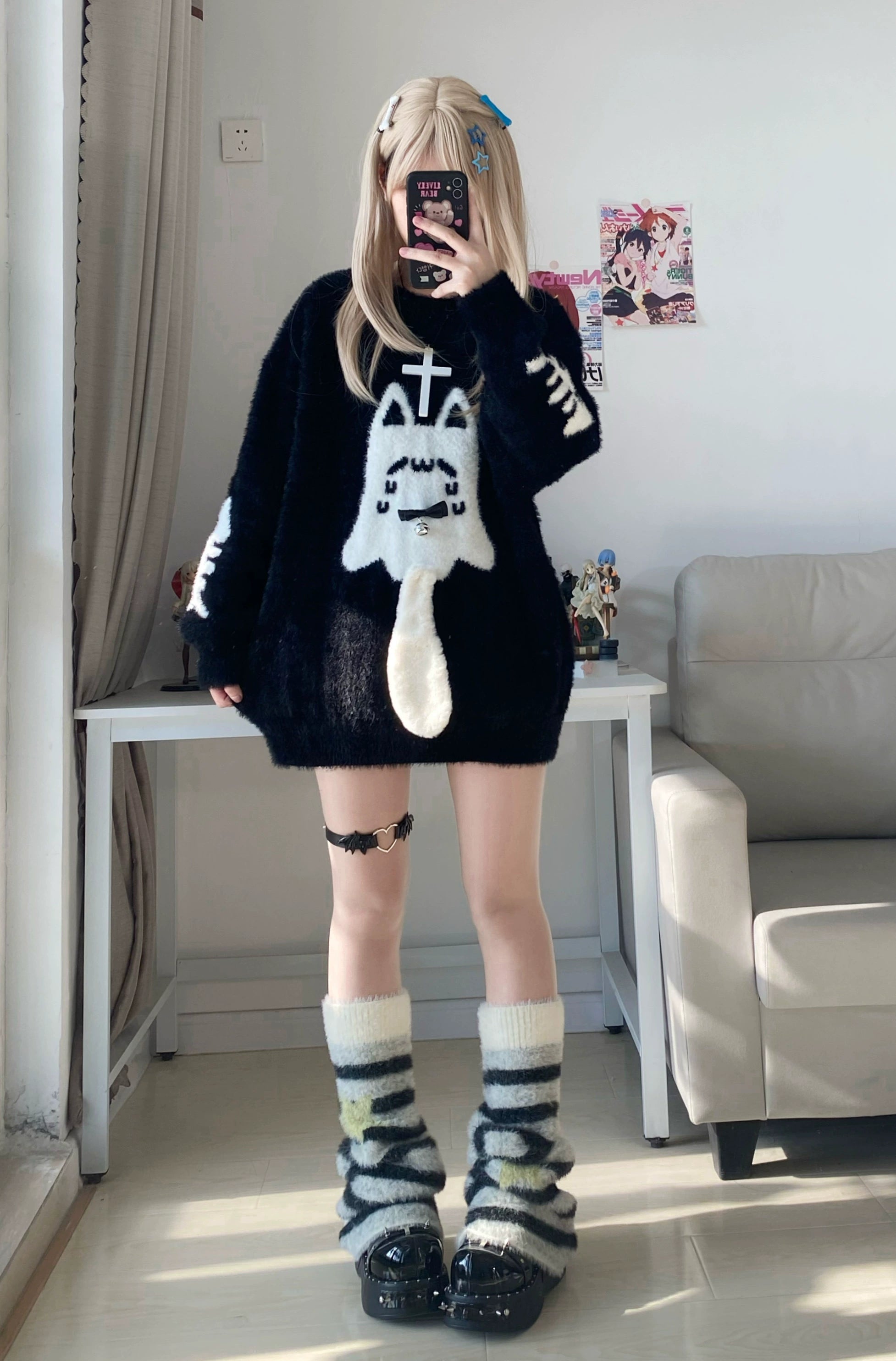 Oversized Jirai Kei ghost cat couple sweater with cross necklace on solo female model, male-style loose fit, full-body indoor selfie cross ghost cat print design