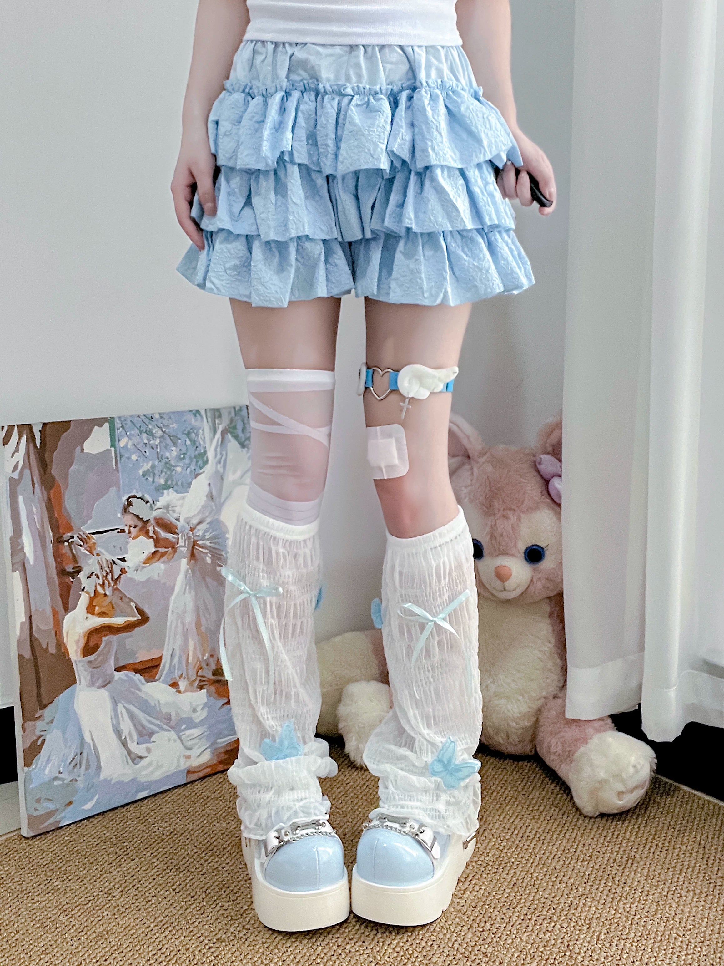 Jirai Kei white sheer mesh leg warmers light blue bow decoration platform shoes - front view full outfit