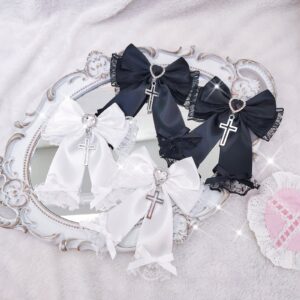 Multiple color variants of Jirai Kei bow hair clips featuring rhinestone embellishments and delicate lace trims arranged on vintage mirror backdrop