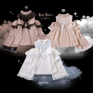 Three color variants of Jirai Kei ryousangata sweater in flat lay display showing blue-white, white-pink, and black-pink options with cold-shoulder high neck and lace ruffle trims