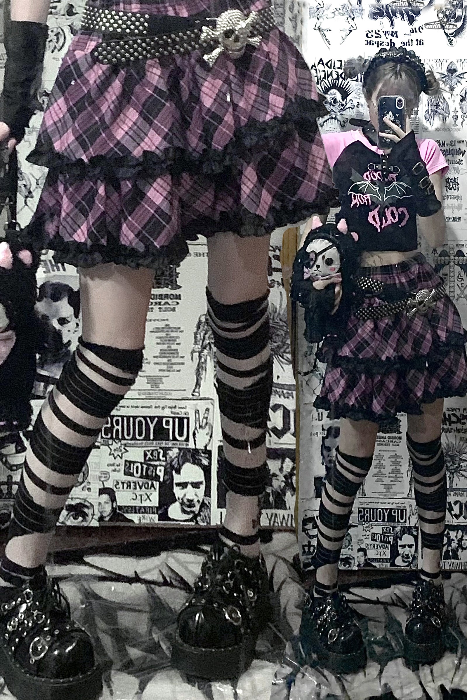 Jirai Kei plaid ruffle mini skirt product measurement and sizing reference guide, detailed dimensions and fit specifications