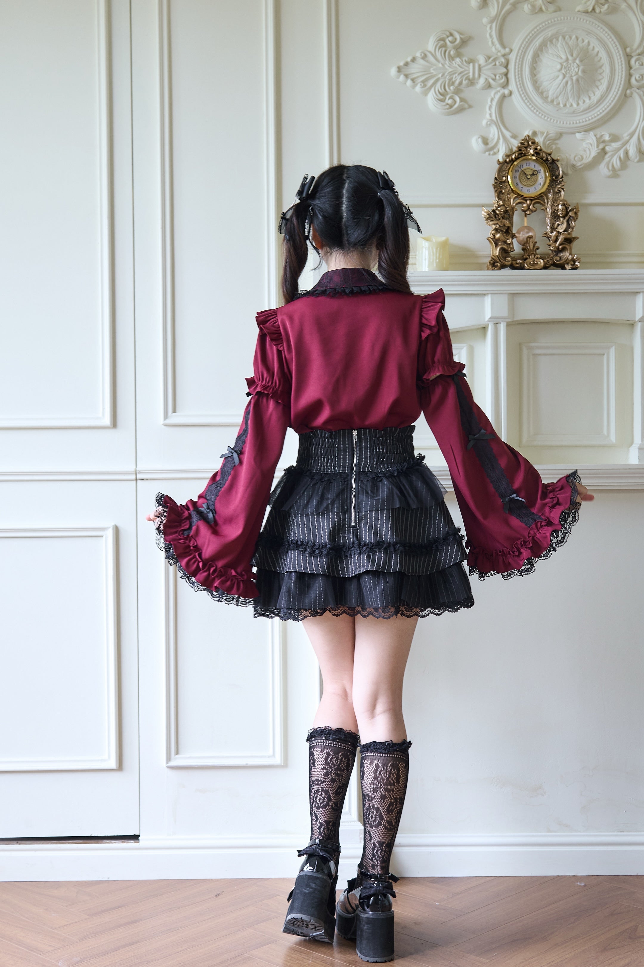 Detachable princess sleeve Jirai Kei blouse with lace ruffle trim and cross-embellished bow collar available in white black burgundy colorways