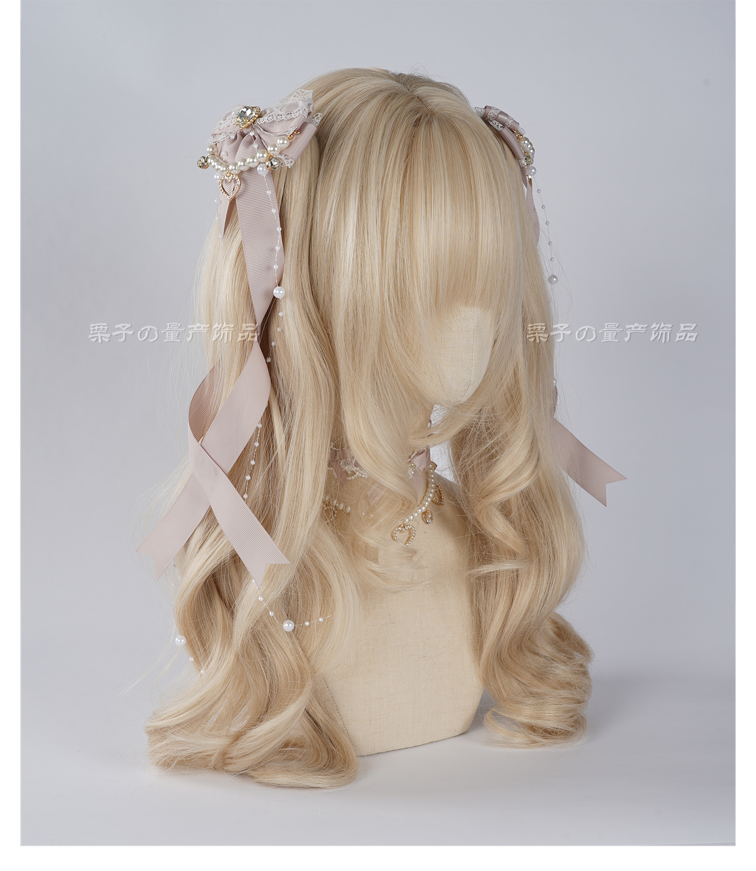 Jirai Kei bow hair clips side profile view showing clip mechanism depth and ribbon bow structure with rhinestone placement