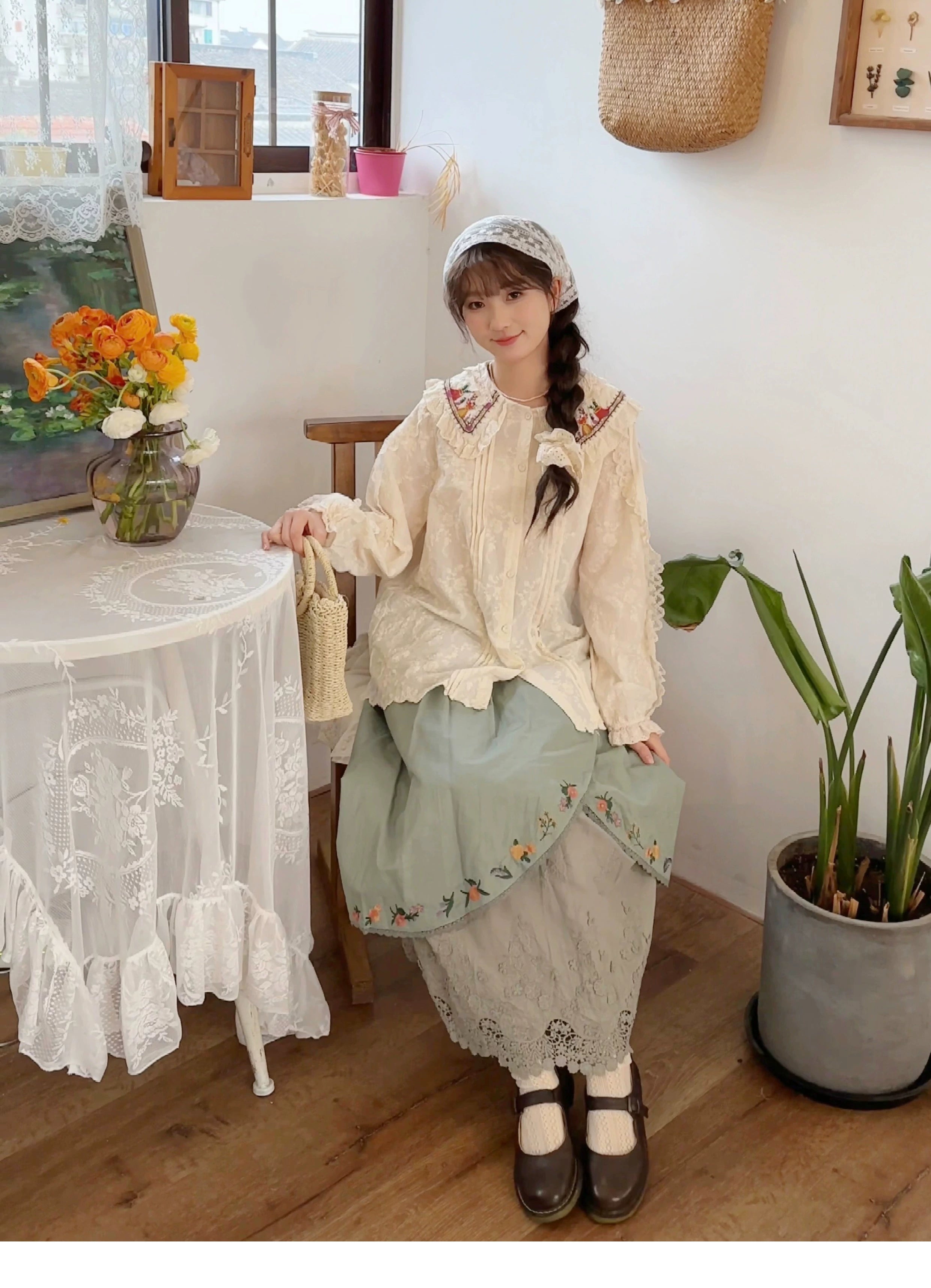 Mori kei embroidered linen skirt comfort fit with elastic waistband designed for all body types
