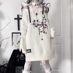 Cream off-shoulder gothic fuzzy sweater with cross-thorn blood print and adjustable leather buckle shoulder straps, full-body front view