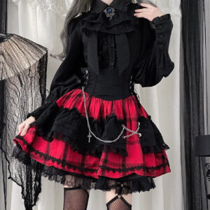 Red and black Jirai Kei Gothic Lolita ensemble side profile with ruffled plaid skirt and puff sleeves