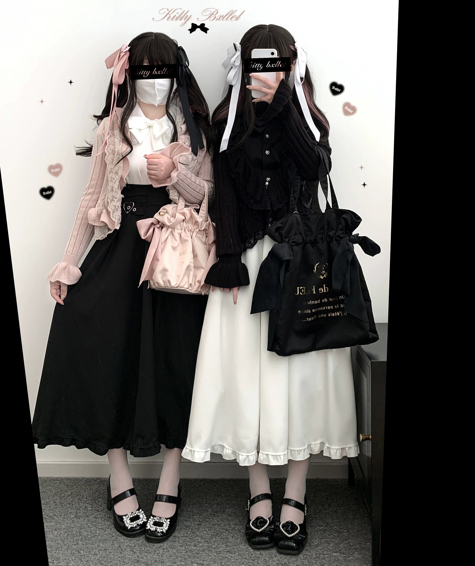 Jirai Kei twin pink Lolita looks featuring heart-shaped buckle skirts with pink satin handbags and heart hair ornaments full-body front shot