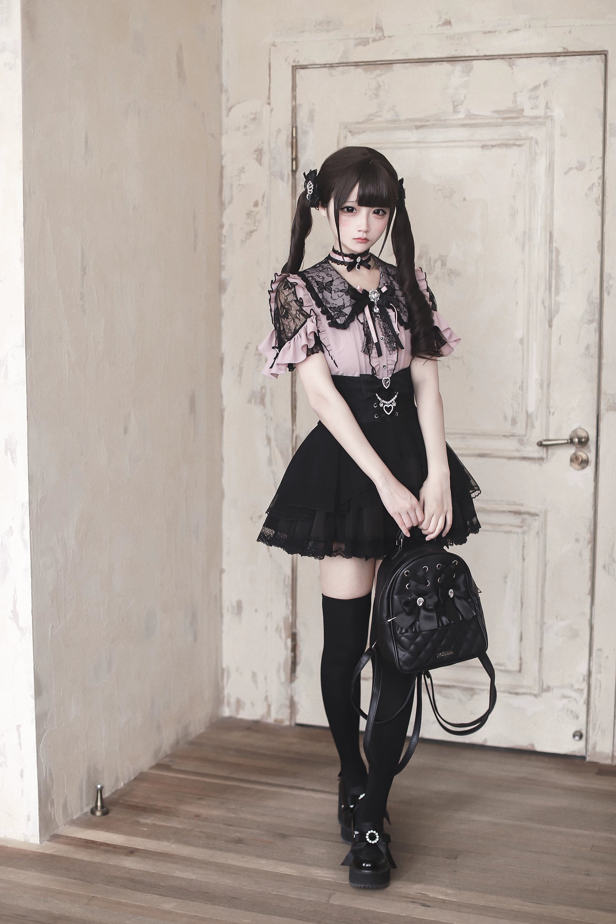 Jirai Kei blouse polyester fabric texture and ruffle construction quality close-up