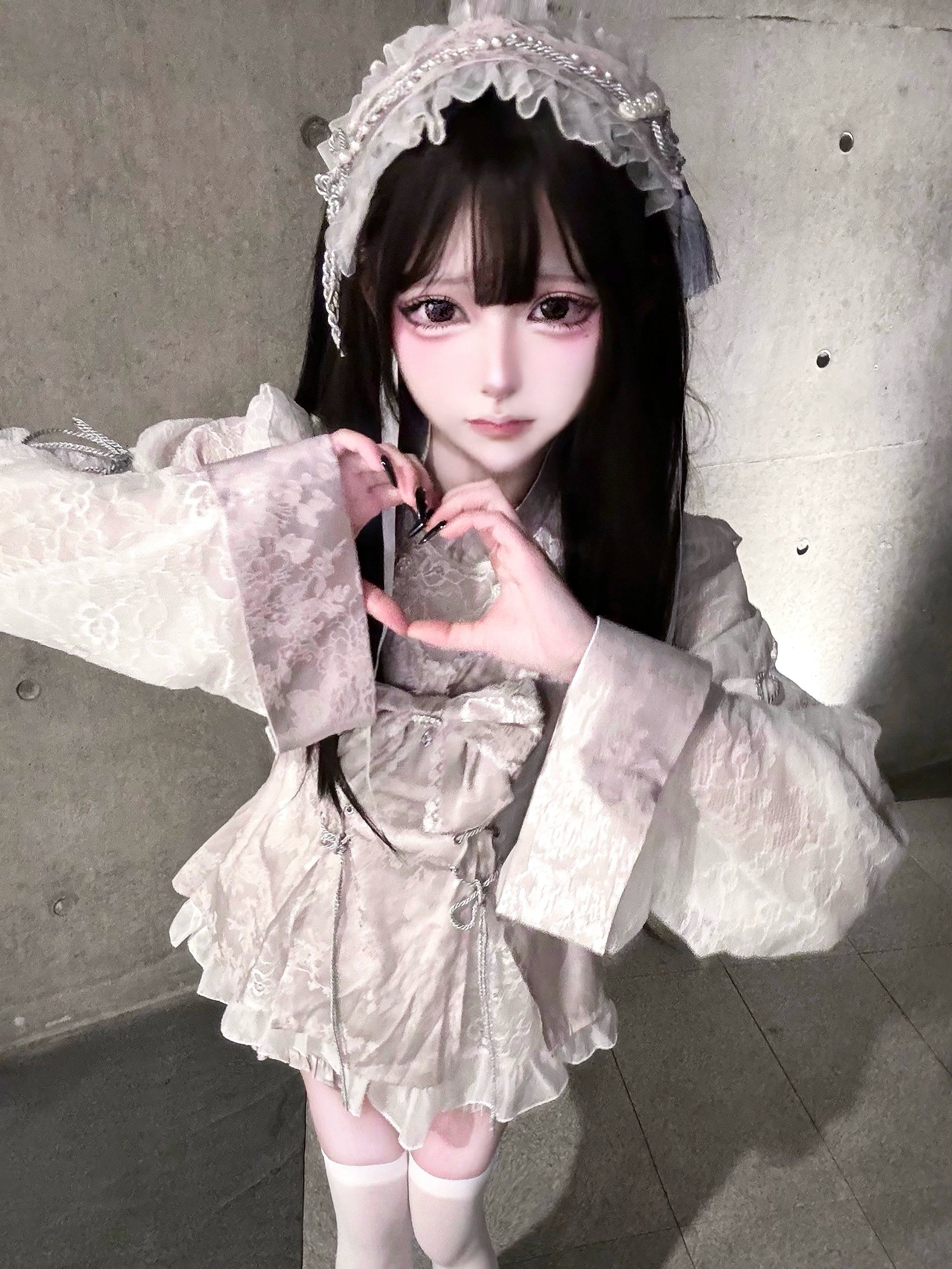 Jirai Kei lace dress with pink hand sleeves removable arm covers styled on model full ensemble look