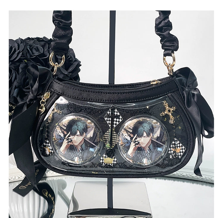 Light purple anime ita bag styling guide showing coordination with Jirai Kei fashion elements, lace accessories, and complete outfit aesthetic recommendations