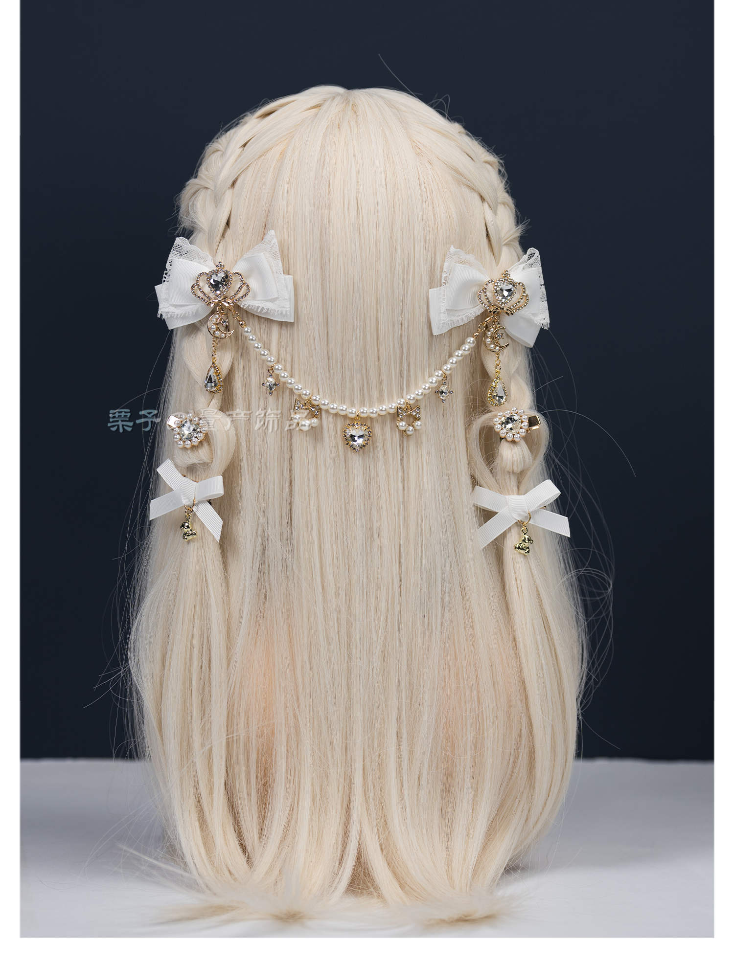 Jirai Kei royal bow hair clips white satin collection front styling detail with crown rhinestone embellishments