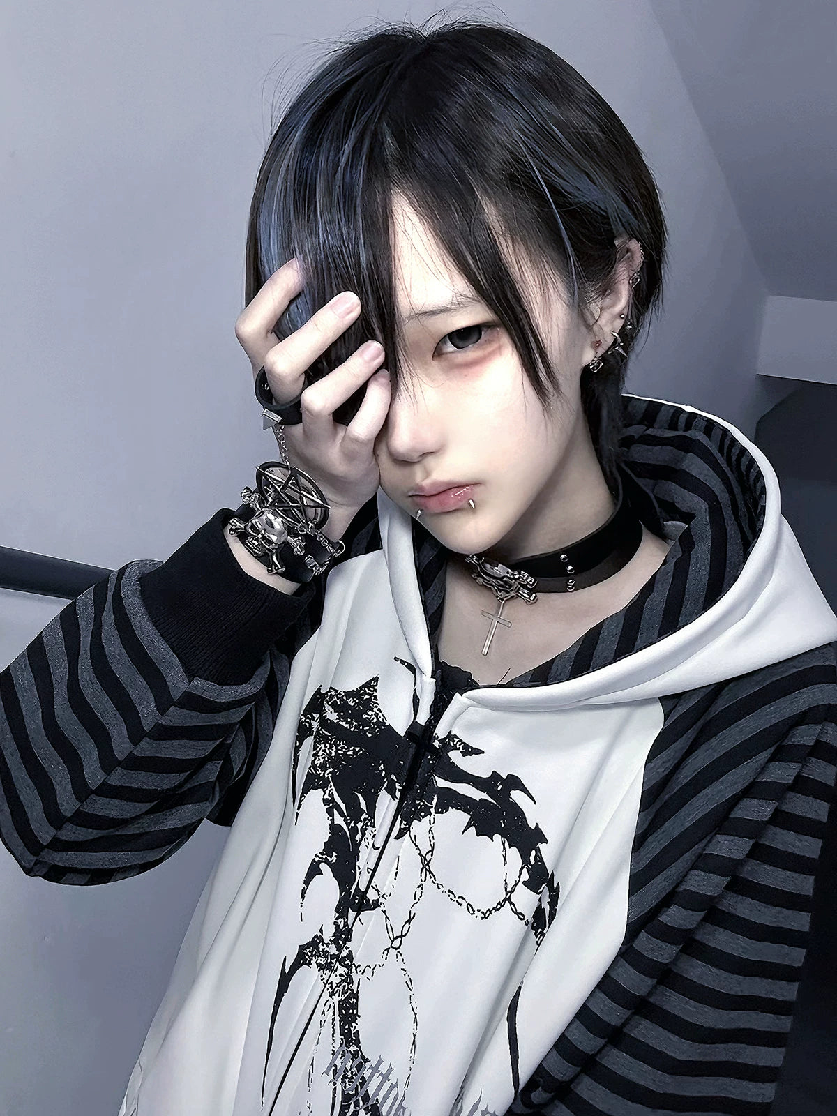 Hooded scythe print zip coat worn layered with accessories showing styling options for Jirai Kei complete outfit aesthetic