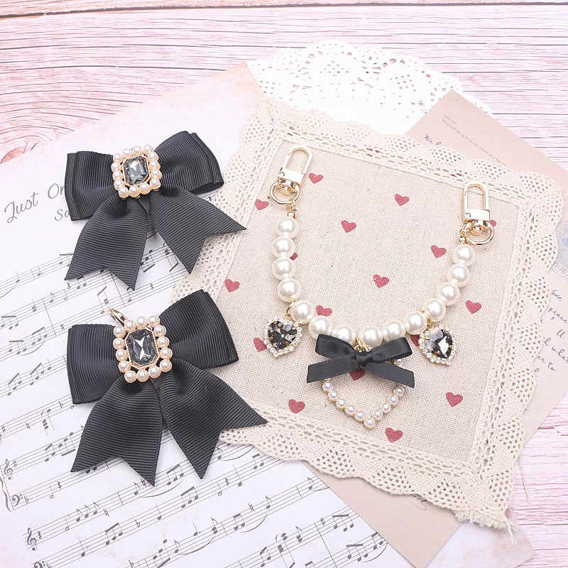 Black ribbon bow Jirai Kei bag charm pearl chain heart-shaped pendants rhinestone decorative elements