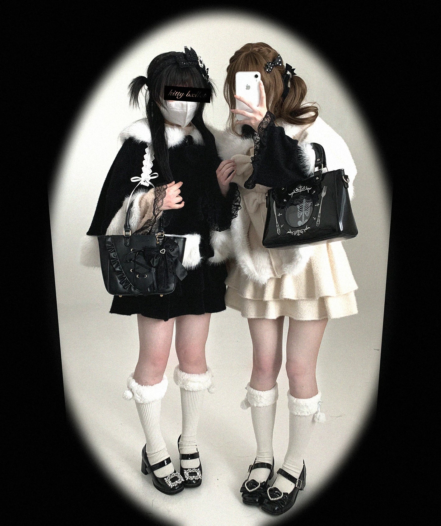 Jirai Kei sweet style bunny ear winter cape product photography showing overall silhouette relaxed fit and premium polyester construction