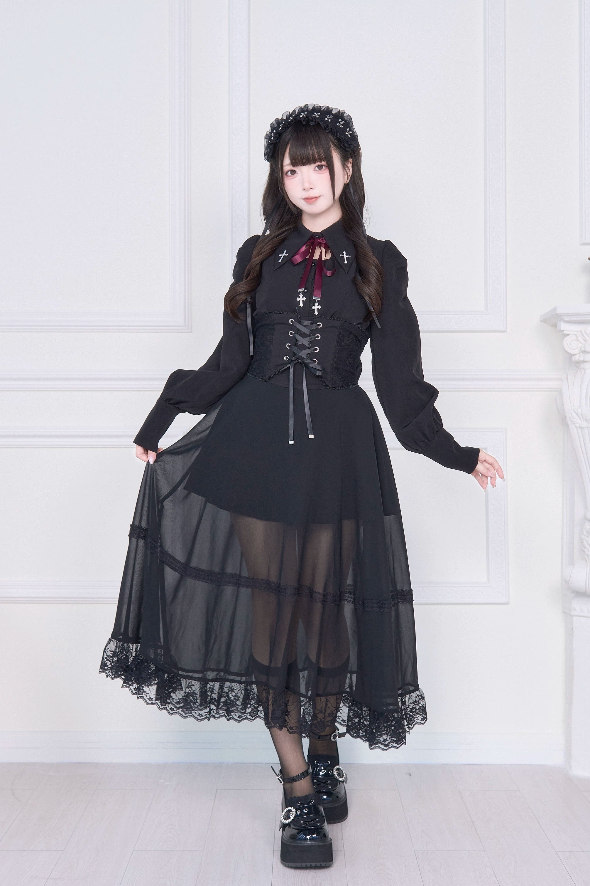 Gothic corset blouse back view lace-up construction sheer midi skirt with lace hem detail