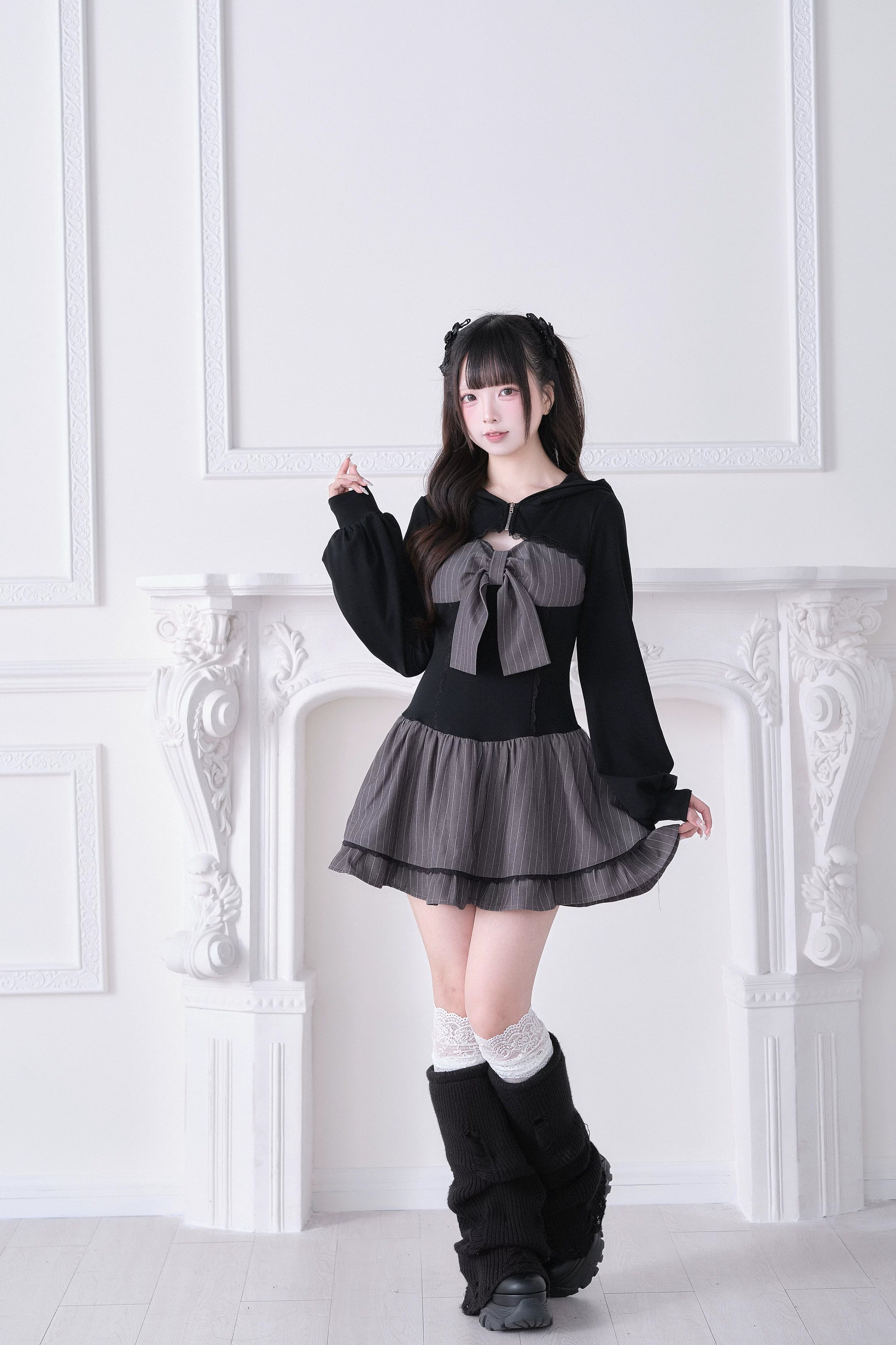 Gray Jirai Kei hoodie dress front view with ruffled grey skirt and black platform boots, showcasing A-line silhouette