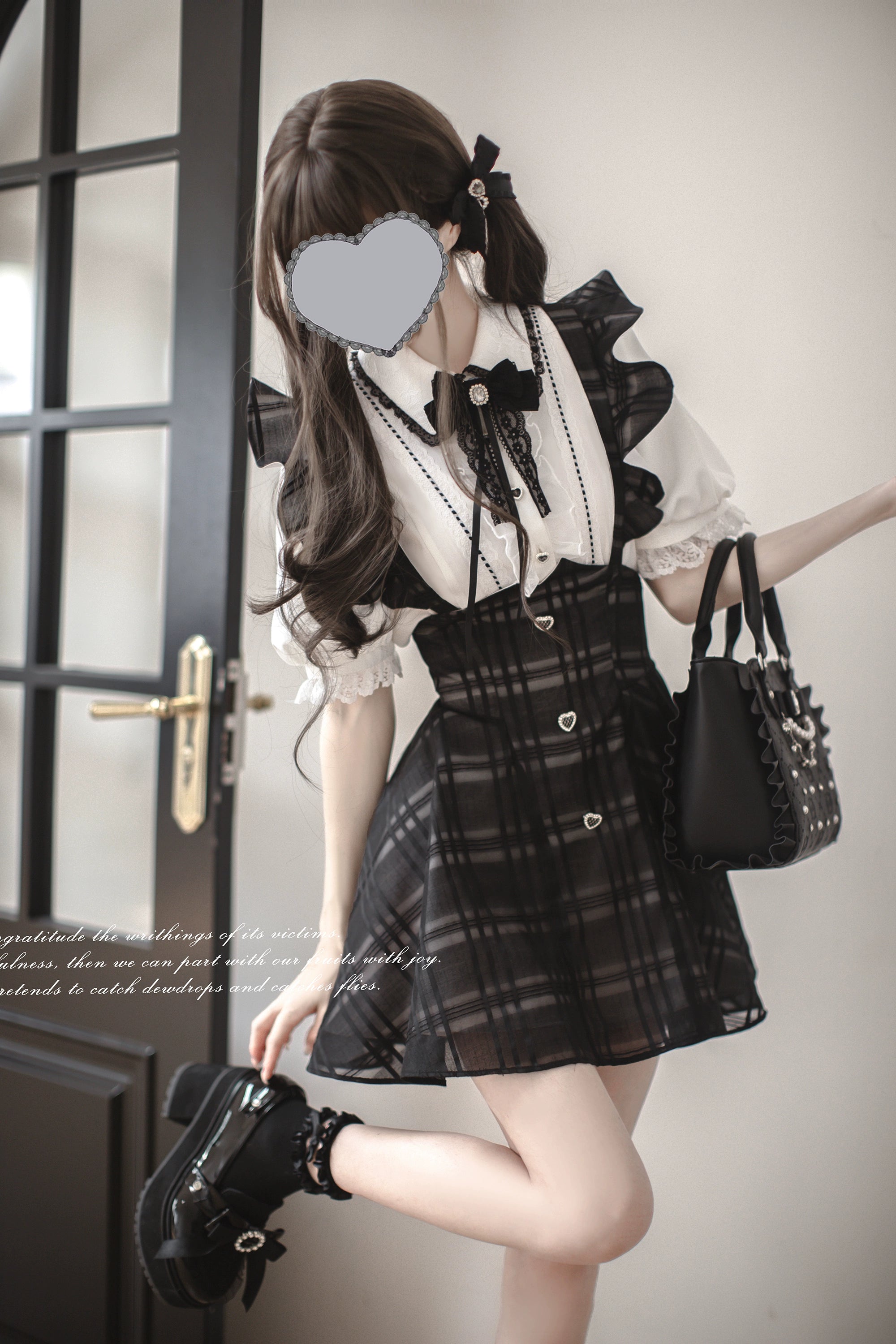 Black Plaid Jirai Kei Suspender Skirt, White Blouse - Image 12