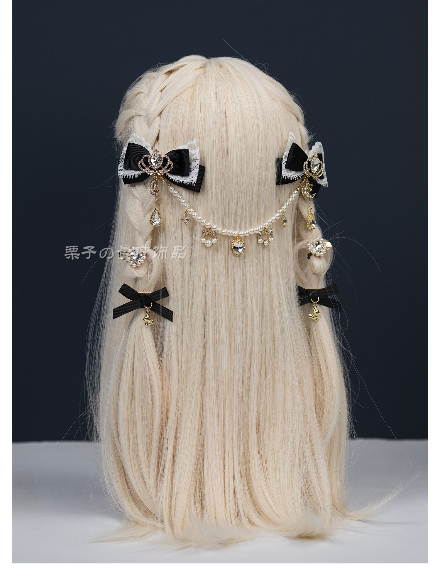 Black and white Jirai Kei bow hair clips bicolor contrast with heart rhinestones pearl chain accessory