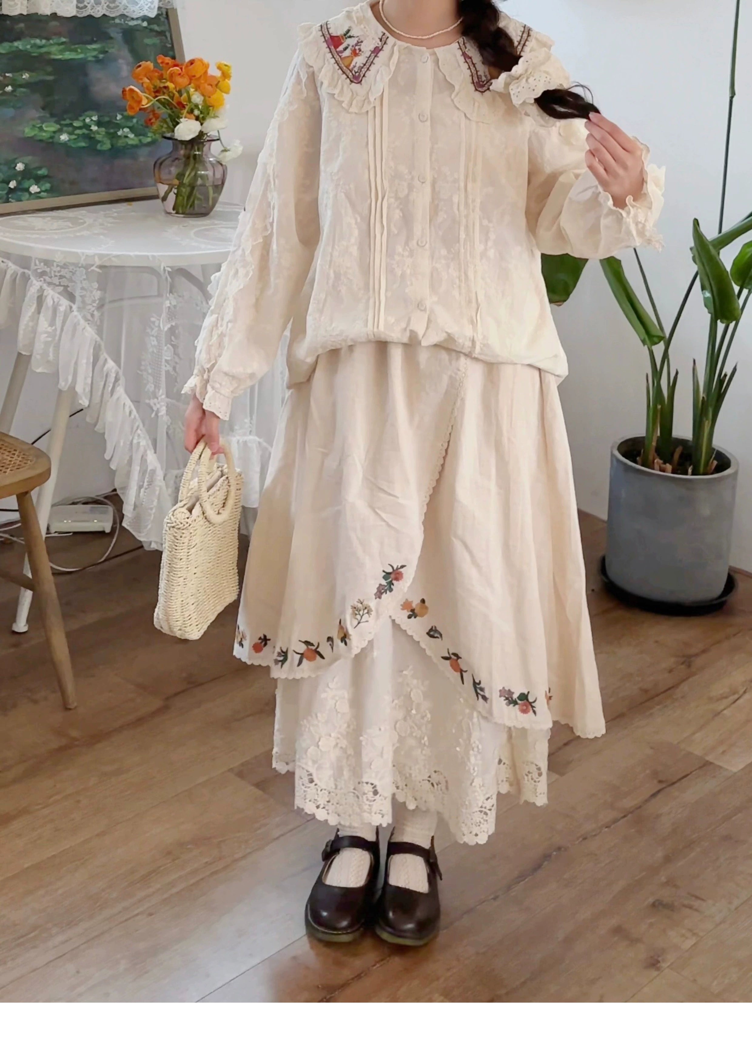 Mori style embroidered linen skirt split version with asymmetrical hem modern forest aesthetic