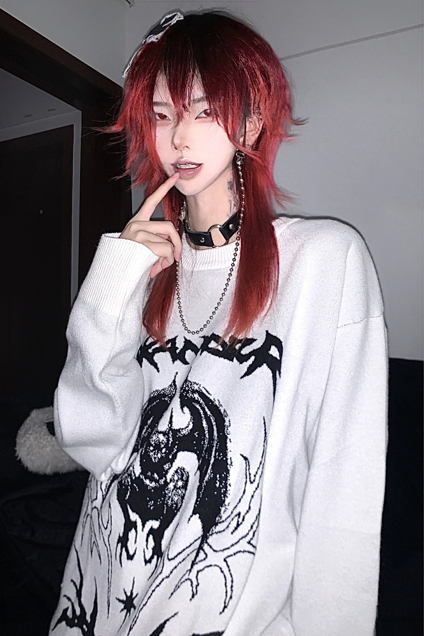 Gothic punk white bat sweater size comparison showing fit across different body proportions and styling options