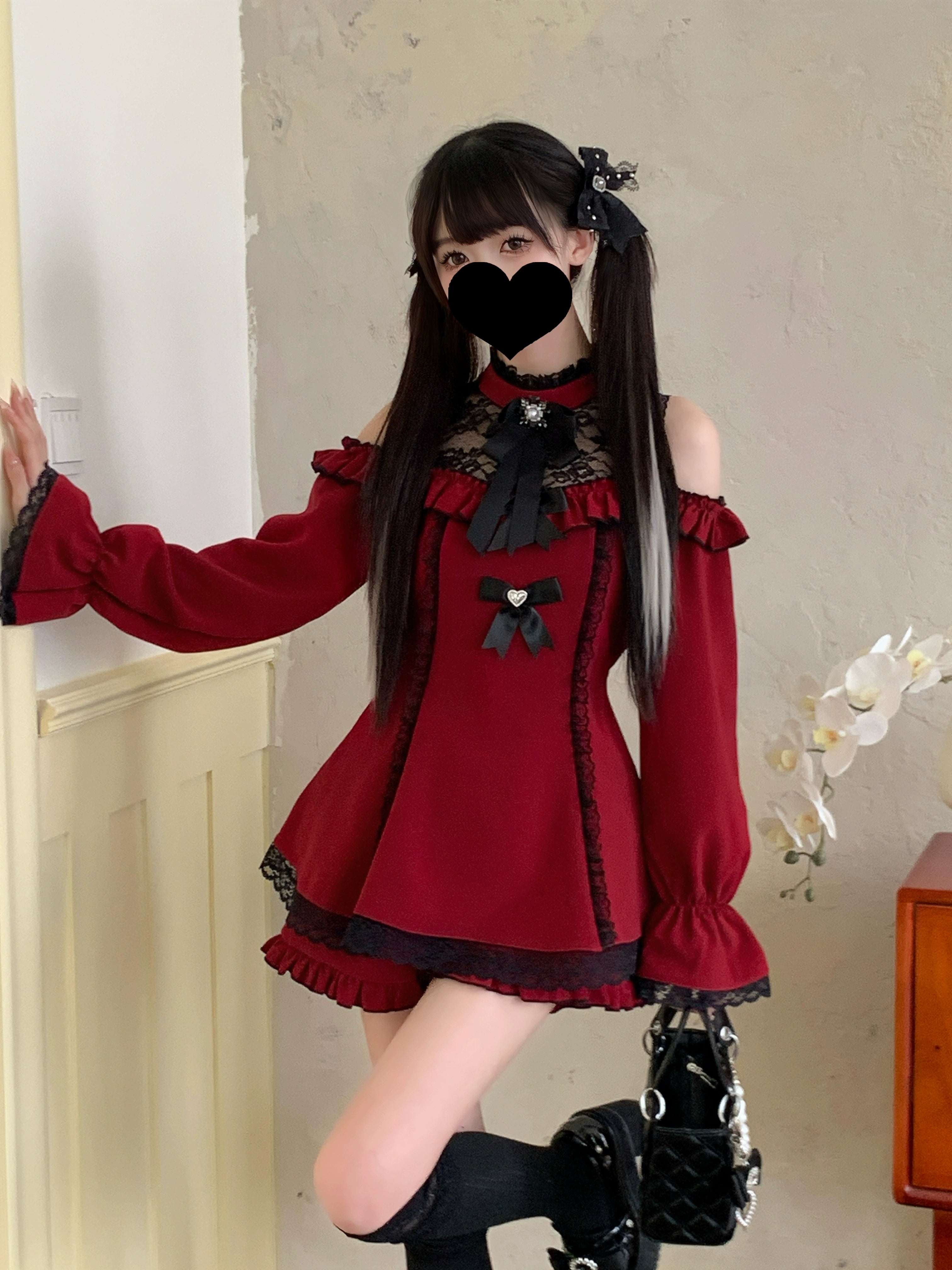 Wine red off-shoulder lace patchwork Jirai Kei dress and shorts set with stand-up collar and detachable bow brooch front view