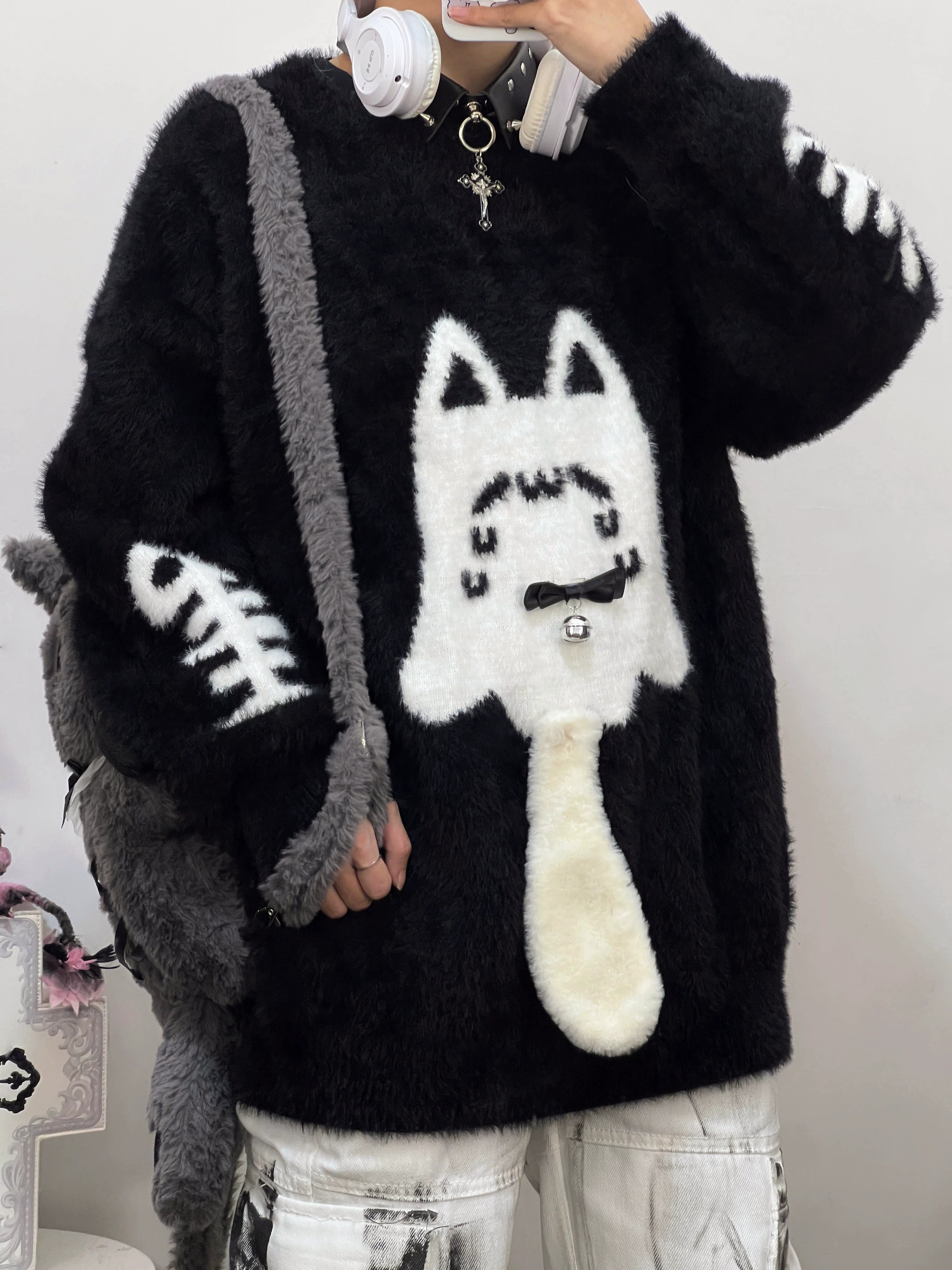 Jirai Kei ghost cat sweater only option without leg warmers standalone statement piece oversized mink fabric black
