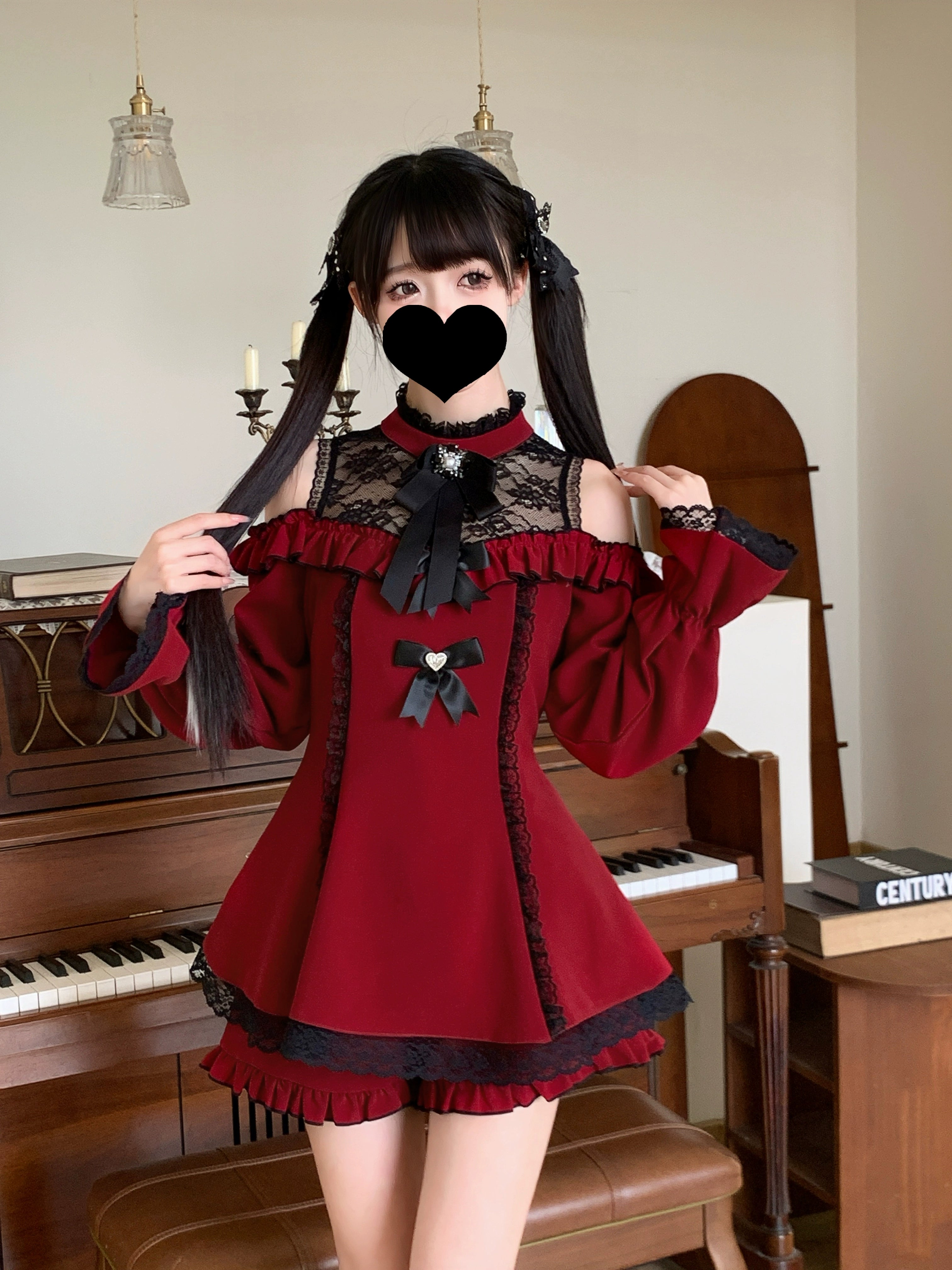 Wine red off-shoulder lace patchwork dress shorts set with flared long sleeves heart-shaped bow decorations front view