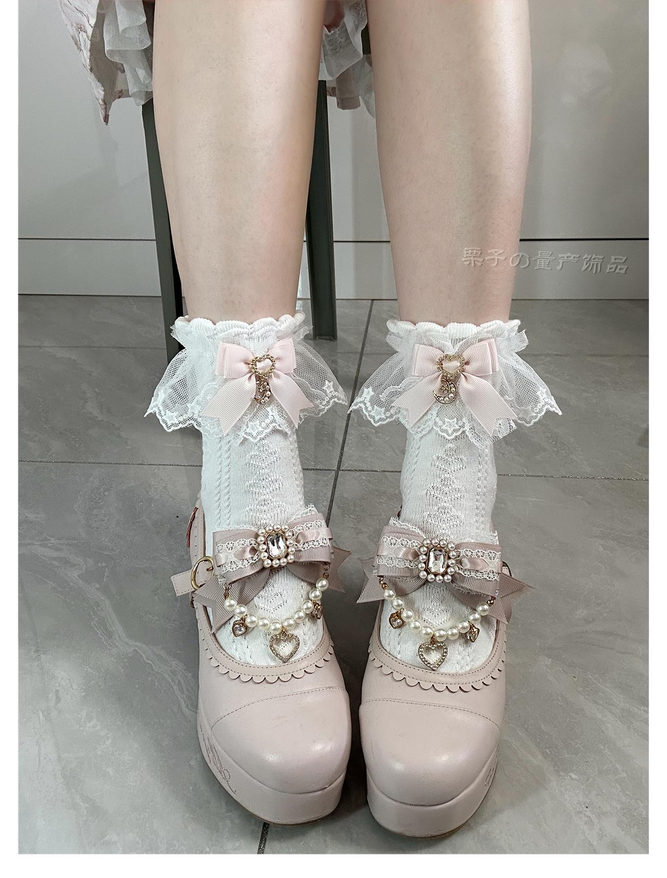 Jirai Kei ankle socks lace cuff detail showing ruffled trim texture and bow moon charm attachment for quality assessment