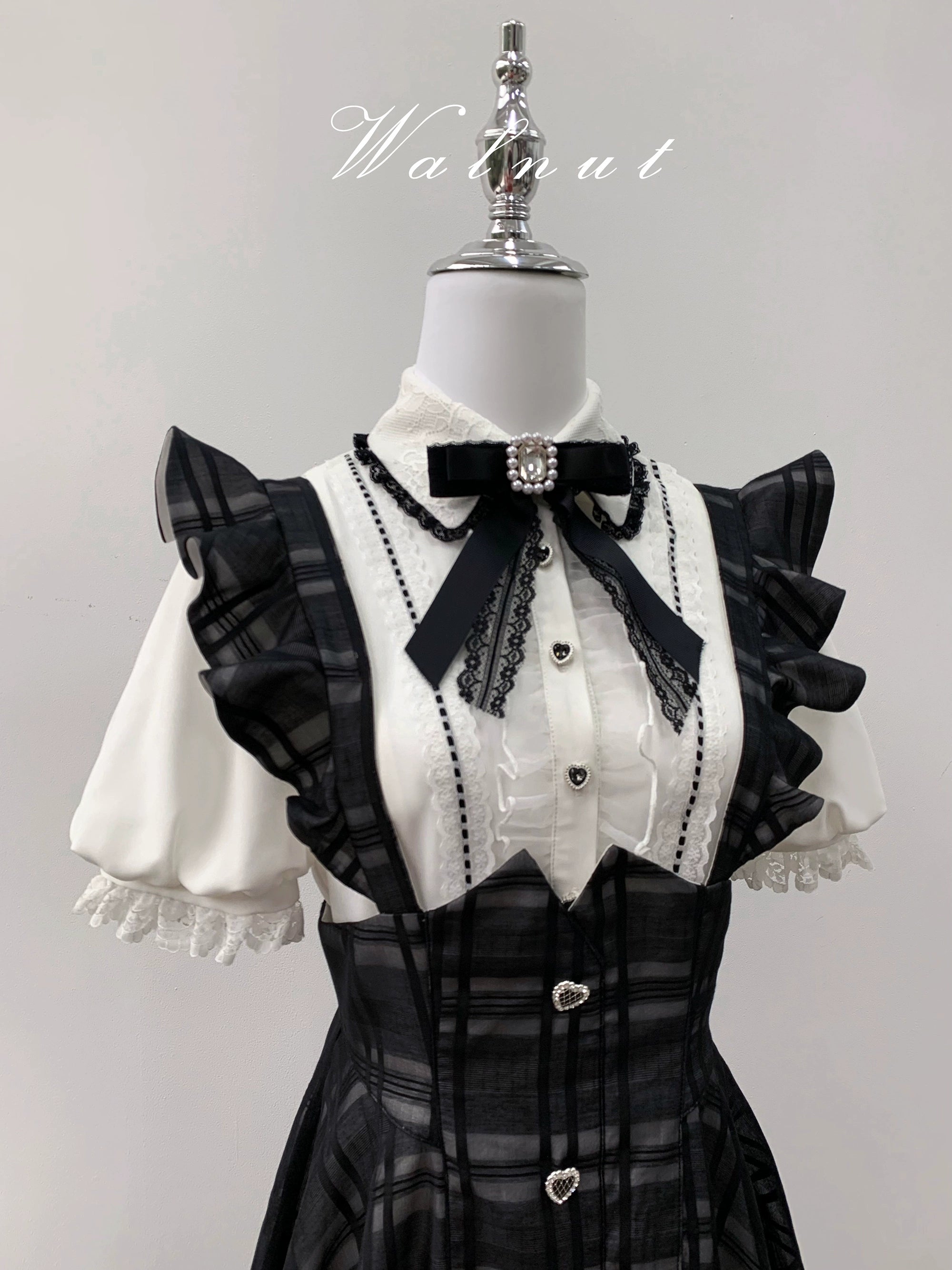 Black Plaid Jirai Kei Suspender Skirt, White Blouse - Image 24