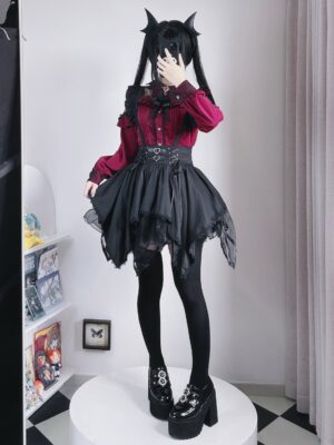 Black Jirai Kei irregular hem layered skirt with heart corset belt full-body front view in anime-themed room setting