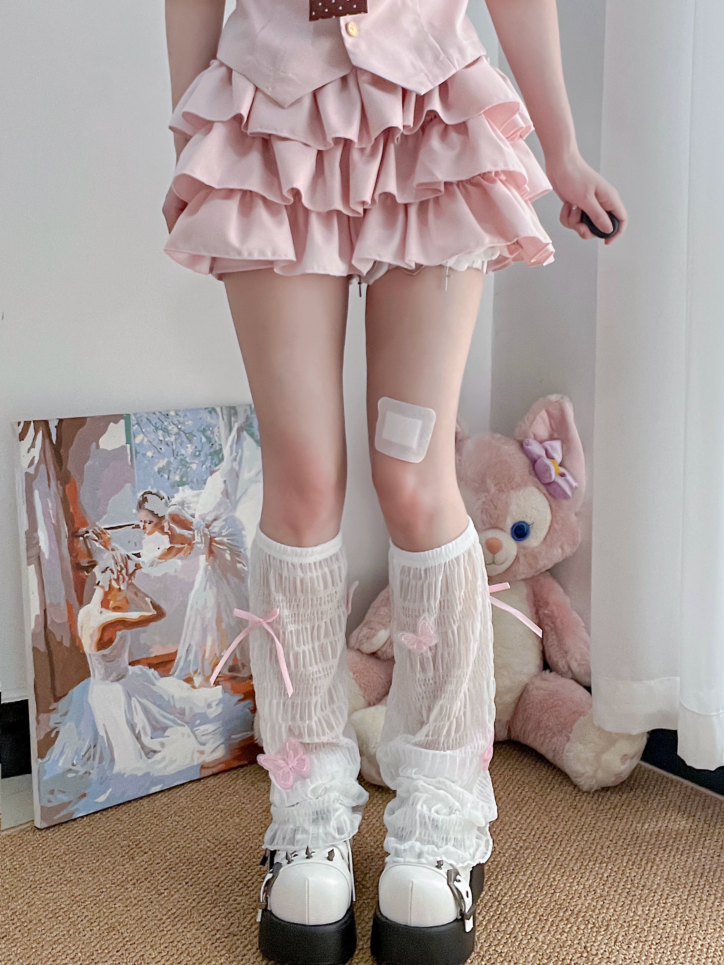 Jirai Kei pink bow leg warmers mesh ruched texture Y2K kawaii anime style standalone product view