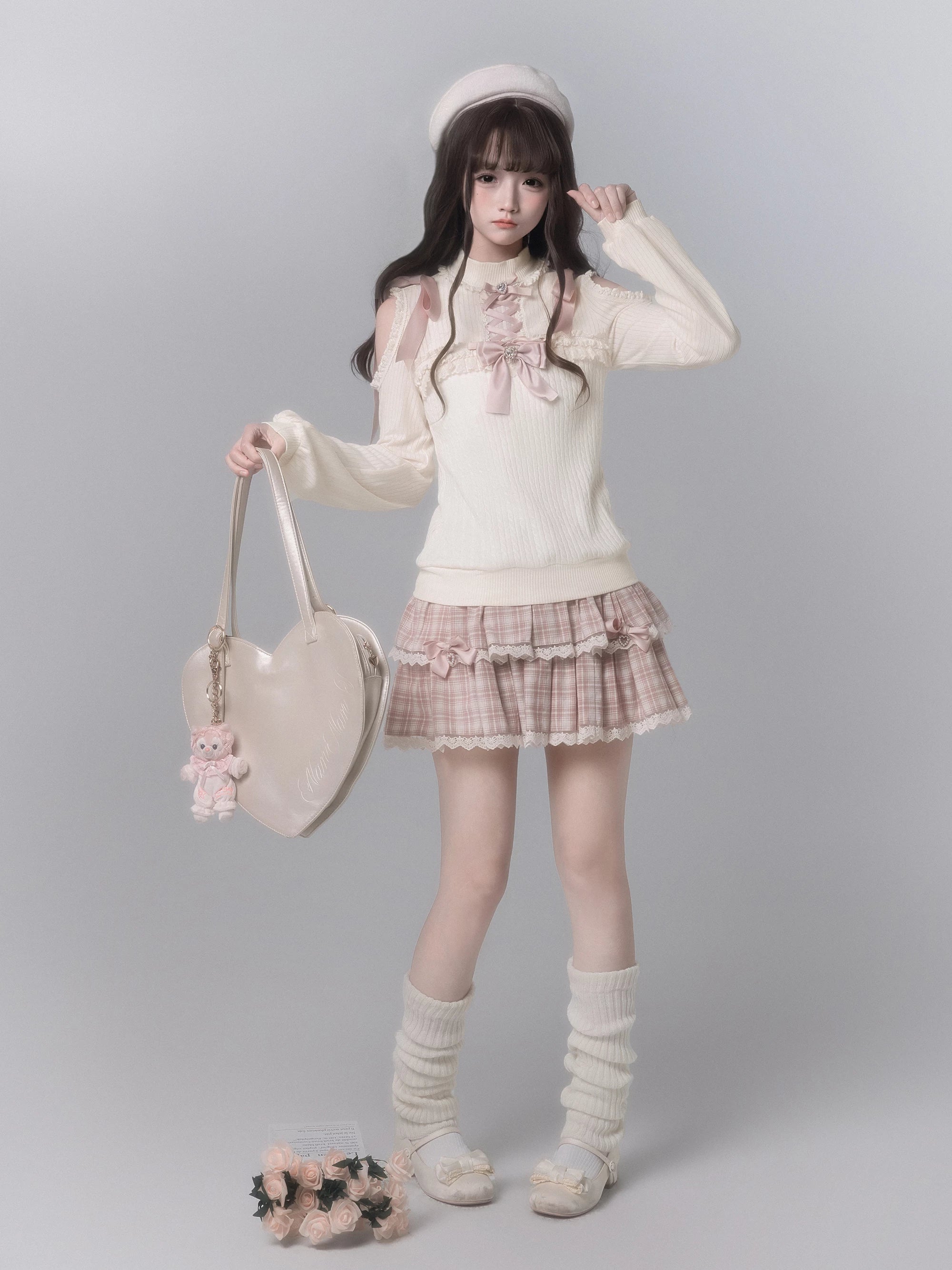 Full body front sweater plaid skirt set holding heart handbag adjusting beret white accessory styling Jirai Kei fashion