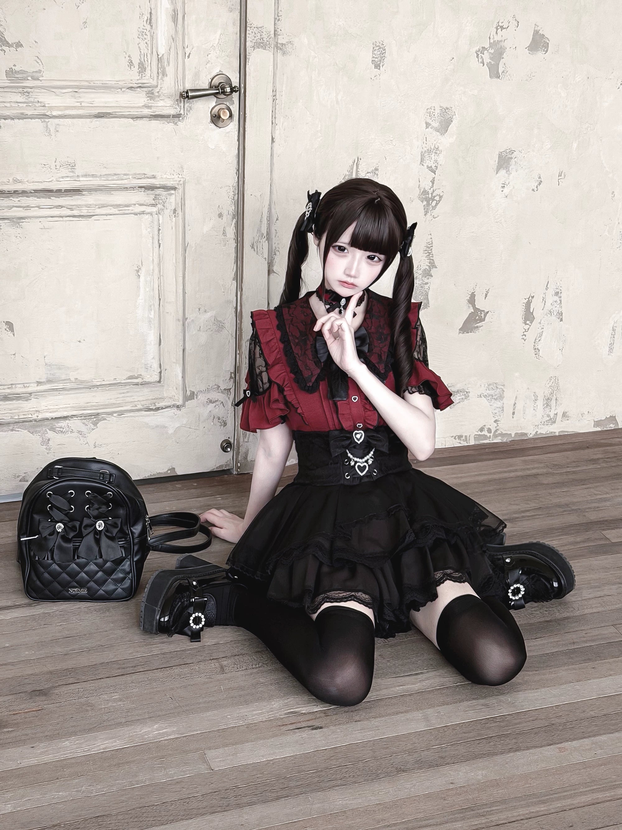 Red and black Jirai Kei blouse ruffle sleeve lace collar architectural design detail view