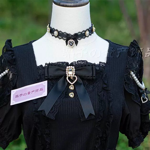 Jirai Kei handmade choker necklace featuring delicate lace trim satin bow and sparkling rhinestone details