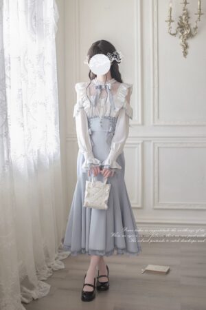 Aquamarine seiso kei mermaid skirt outfit full front view cold-shoulder blouse lace detail vintage European room elegant feminine aesthetic
