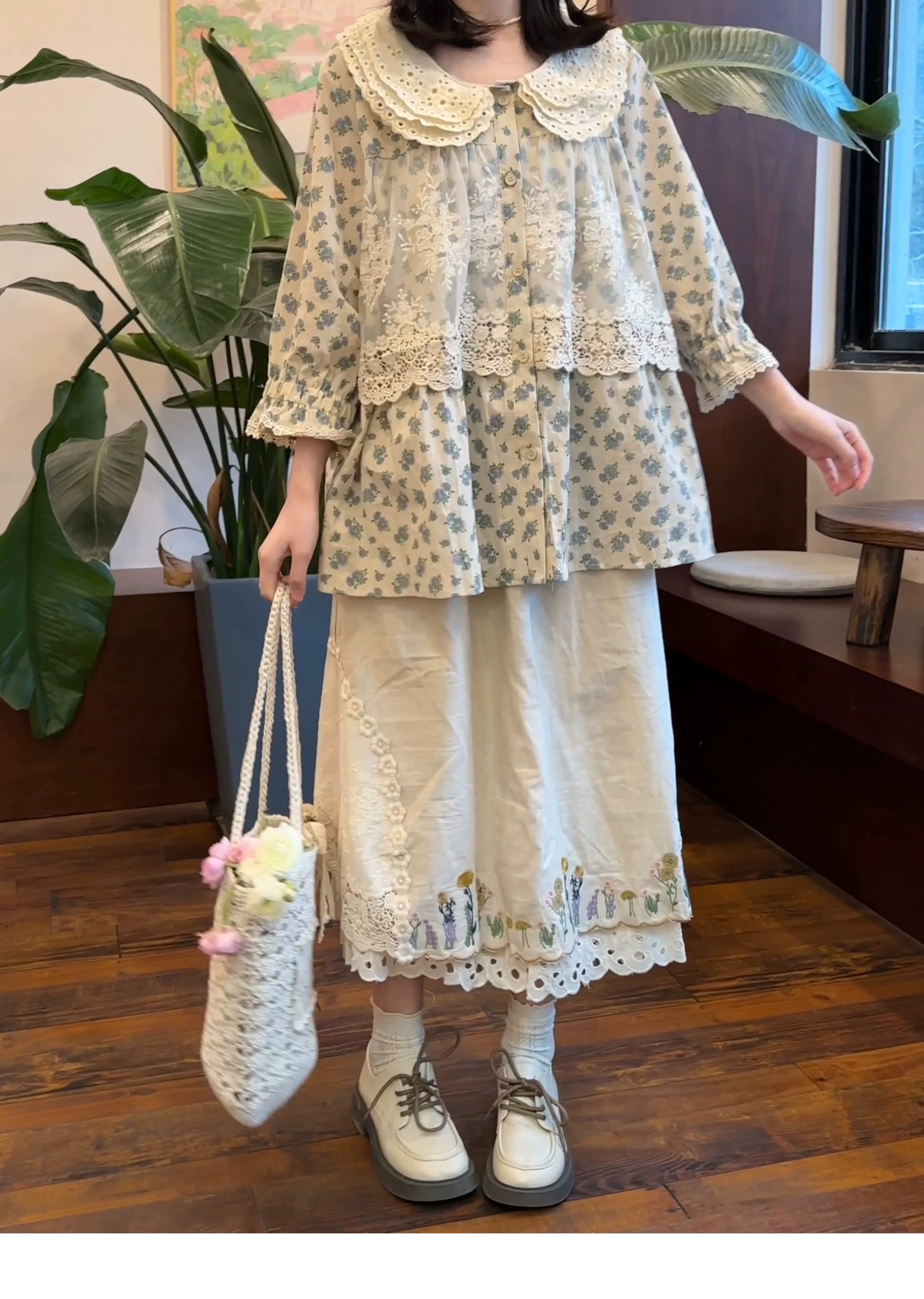 Mori style two-piece outfit floral peter pan collar blouse off-white embroidered midi skirt woven flower tote front half body