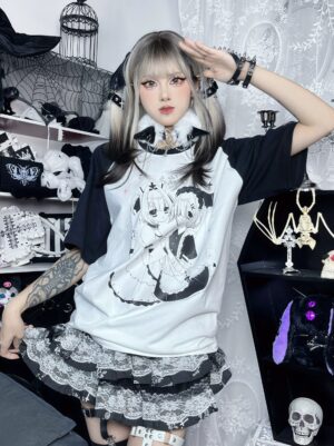 Black raglan sleeves white body twin maid anime print chest detail Jirai Kei T-shirt on alt fashion girl