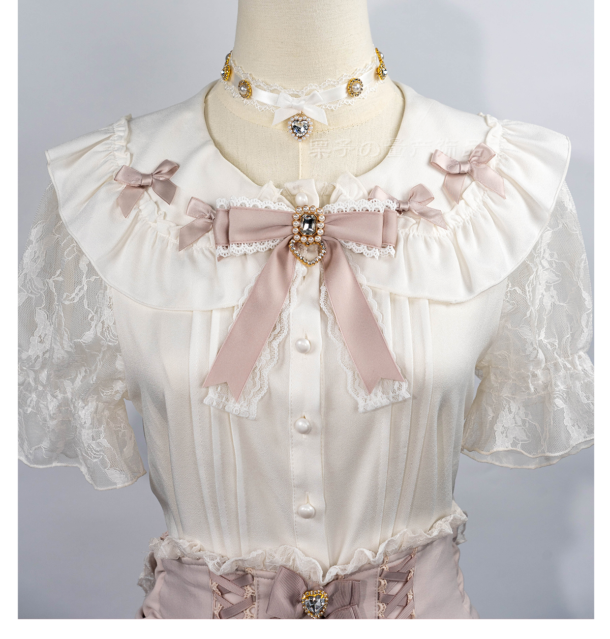 Jirai Kei rhinestone bow choker necklace with pearl accents and lace detailing in various color options