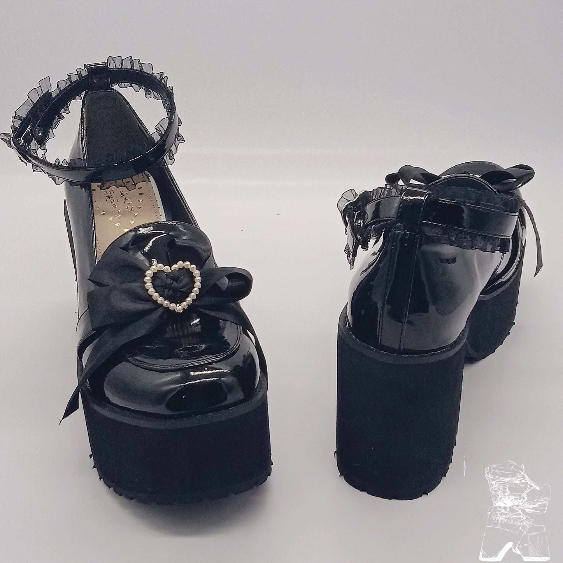 Black glossy platform shoes front rear side view lace ankle strap matte rubber sole textured outsole Jirai Kei aesthetic