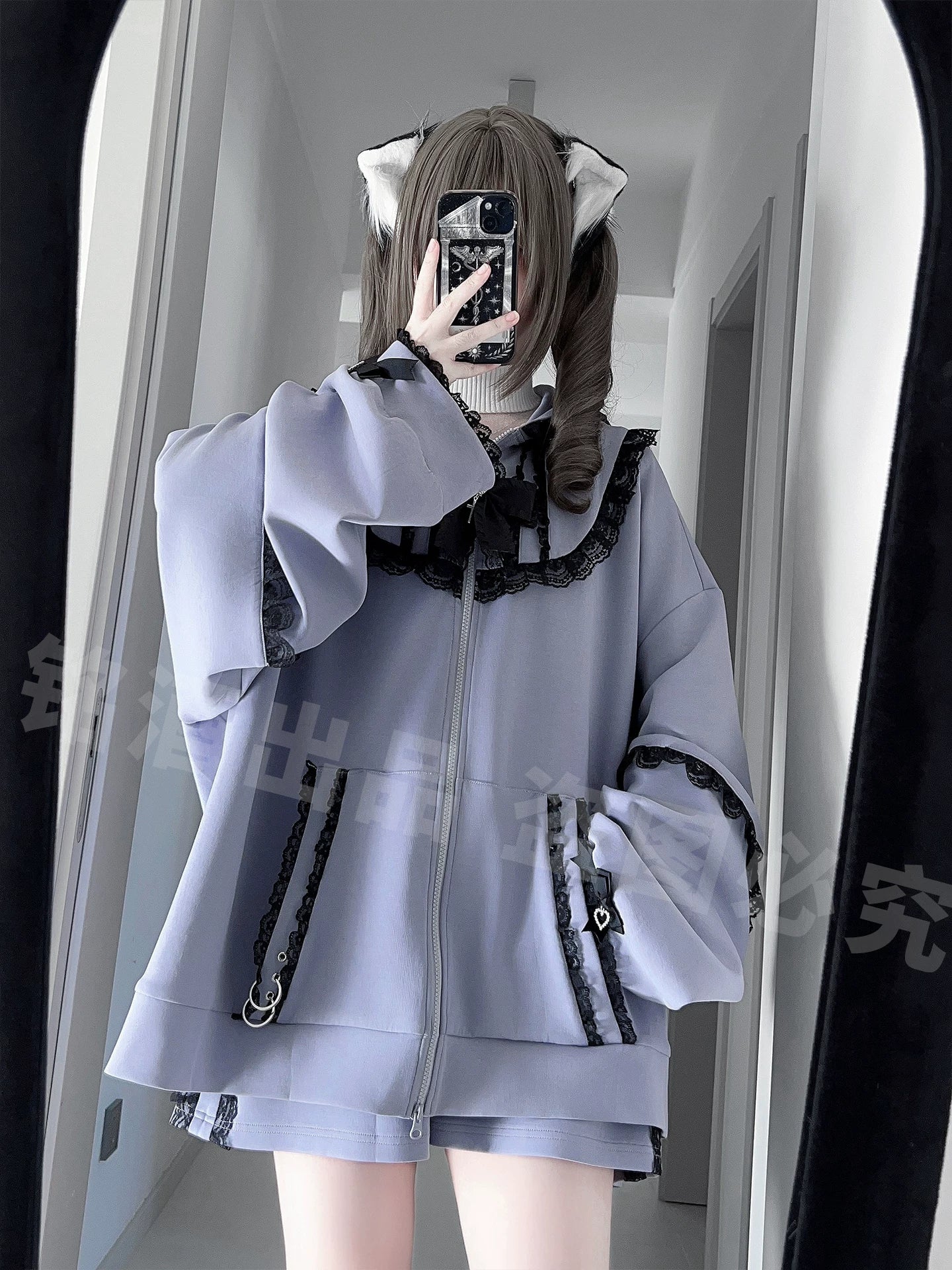 Light purple oversized Jirai Kei zip-up hoodie with lace collar trims and functional zipper pockets, half-body front mirror selfie with cat ear headband and relaxed fit