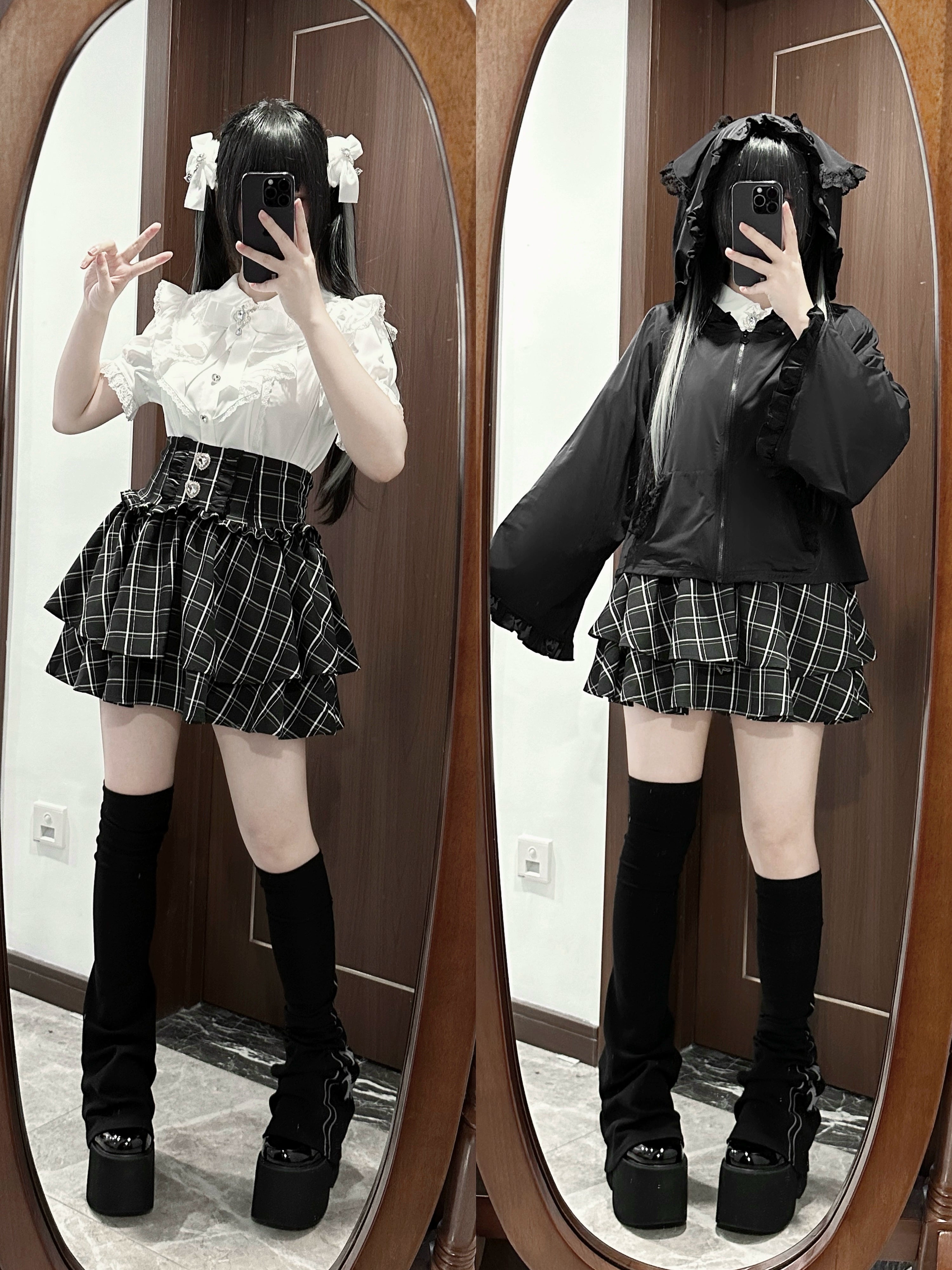 Two Jirai Kei styling options featuring cat ear hoodie jacket paired with white blouse and plaid skirt, alternative coordinate showcase front mirror selfies